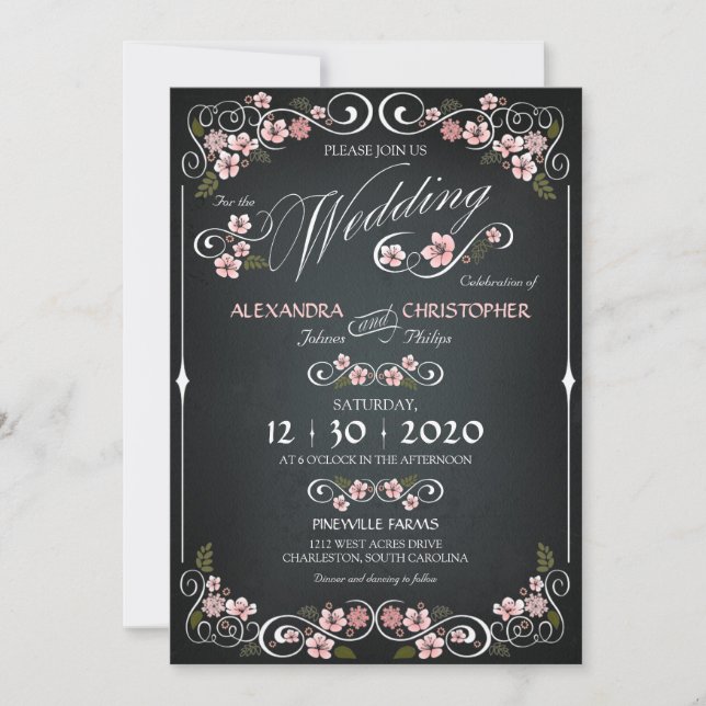 Chalkboard Floral Vintage Bold Wedding Invitation (Front)