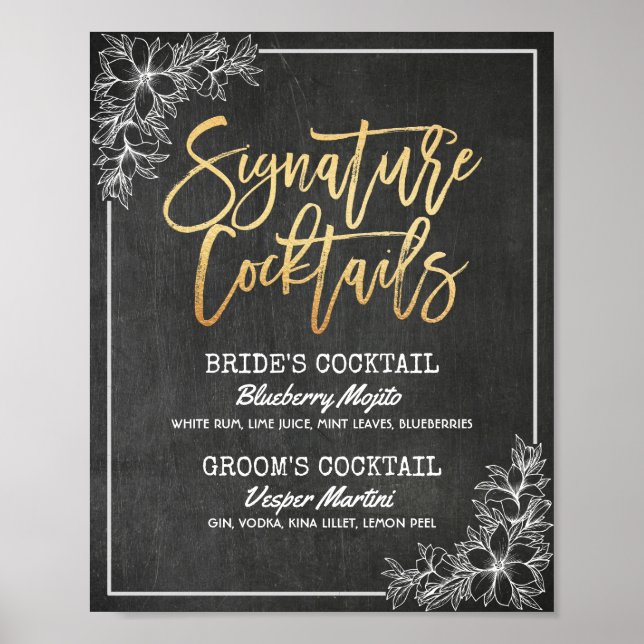 Chalkboard Floral Wedding Signature Drink Menu Poster (Front)