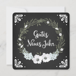 Chalkboard Floral Wreath Happy New Year German Holiday Card