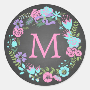 CHALKBOARD FLORAL WREATH MONOGRAM LABELS
