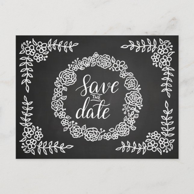 Chalkboard Flowers Wreath Wedding | Save The Date Announcement Postcard (Front)