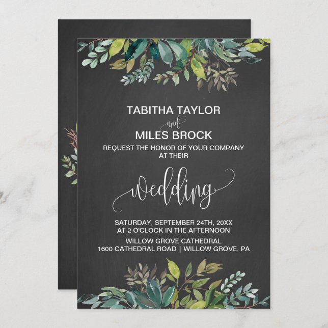 Chalkboard Foliage Monogram Wreath Backing Wedding Invitation (Front/Back)
