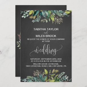 Chalkboard Foliage Monogram Wreath Backing Wedding Invitation