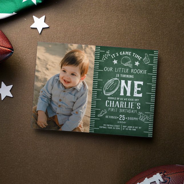 Chalkboard Football Athletic Photo 1st Birthday Invitation (Creator Uploaded)