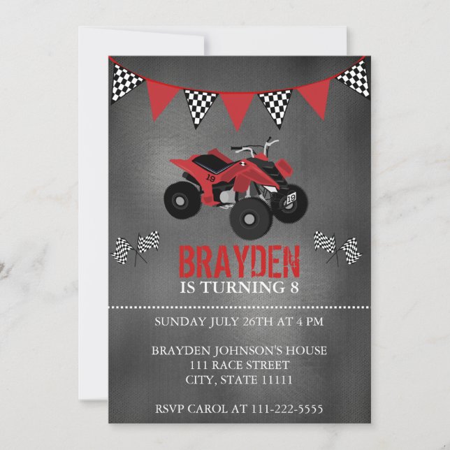 Chalkboard Four Wheeler, ATV Birthday Invitation (Front)