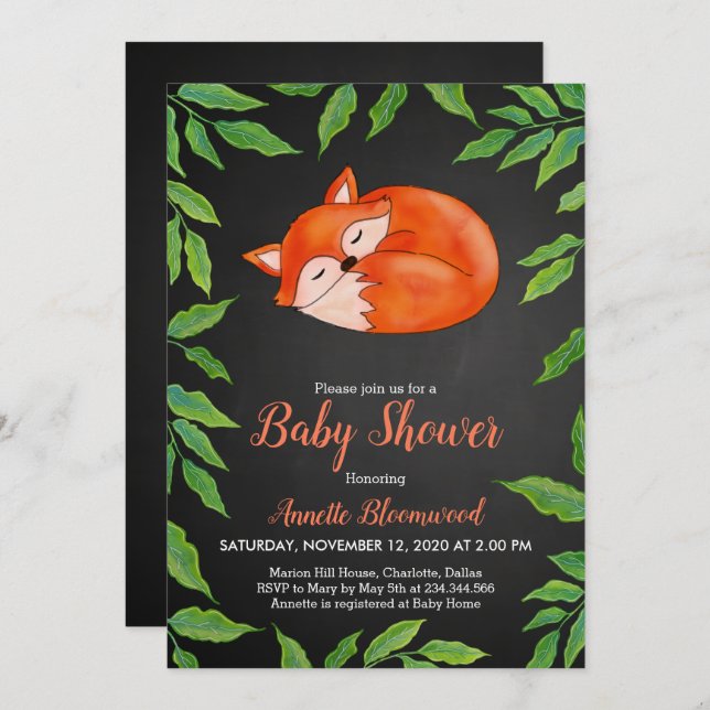 Chalkboard | Fox | Leaves | Woodland Baby Shower Invitation (Front/Back)
