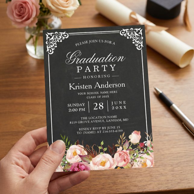 Chalkboard Frame Floral 2022 Graduation Party Invitation (Creator Uploaded)