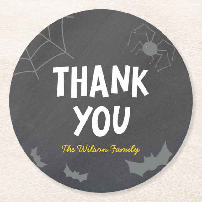Chalkboard Frightful Creatures Halloween Thank You Round Paper Coaster (Front)