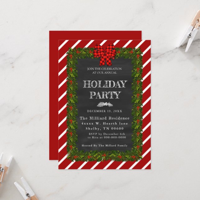 Chalkboard Garland And Striped Holiday Party Invitation (Front/Back In Situ)