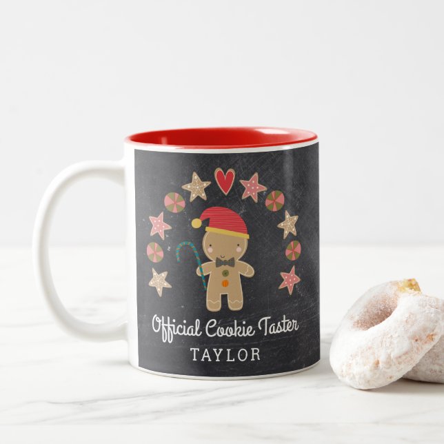 Chalkboard Gingerbread Man Official Cookie Taster Two-Tone Coffee Mug (With Donut)