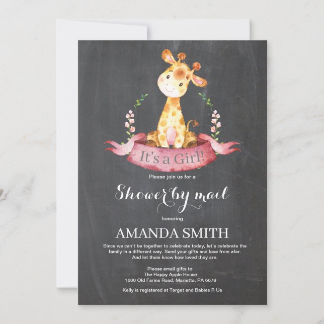 Chalkboard Girl Giraffe Baby Shower by Mail Invitation (Front)