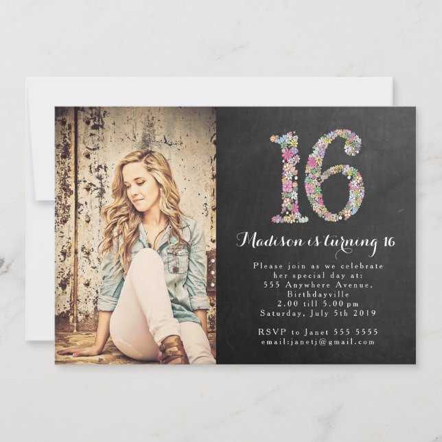 Chalkboard Girls Floral 16th Birthday Party Invite (Front)