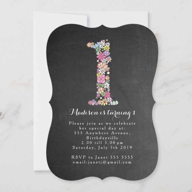 Chalkboard Girls Floral 1st Birthday Party Invite (Front)