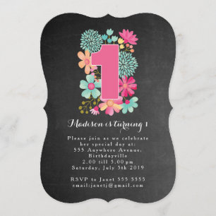Chalkboard Girls Floral 1st Birthday Party Invite