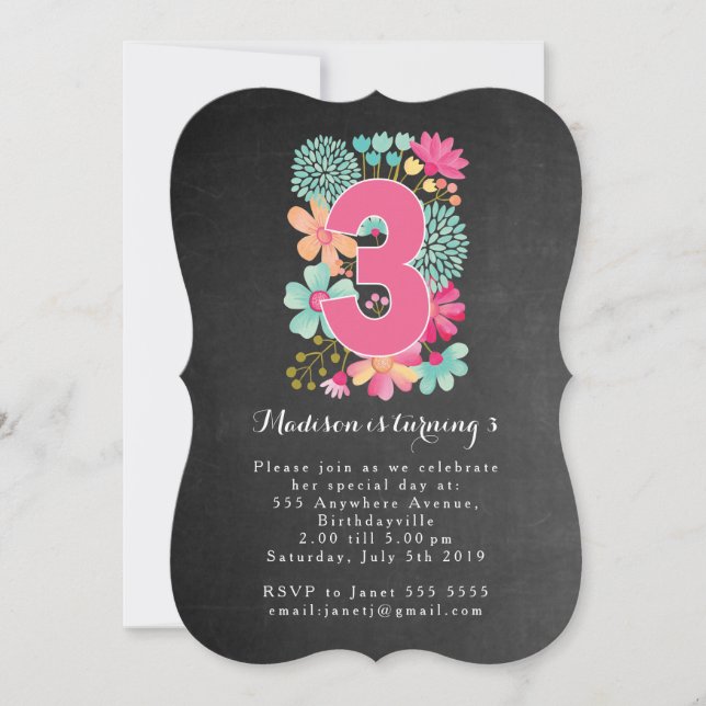 Chalkboard Girls Floral 3rd Birthday Party Invite (Front)