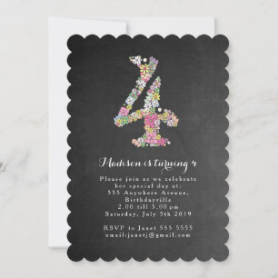 Chalkboard Girls Floral 4th Birthday Party Invite
