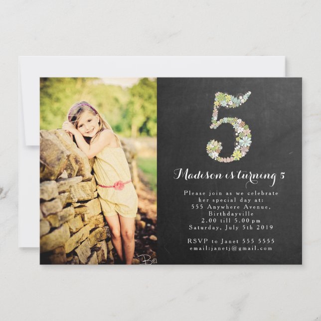 Chalkboard Girls Floral 5th Birthday Party Invite (Front)