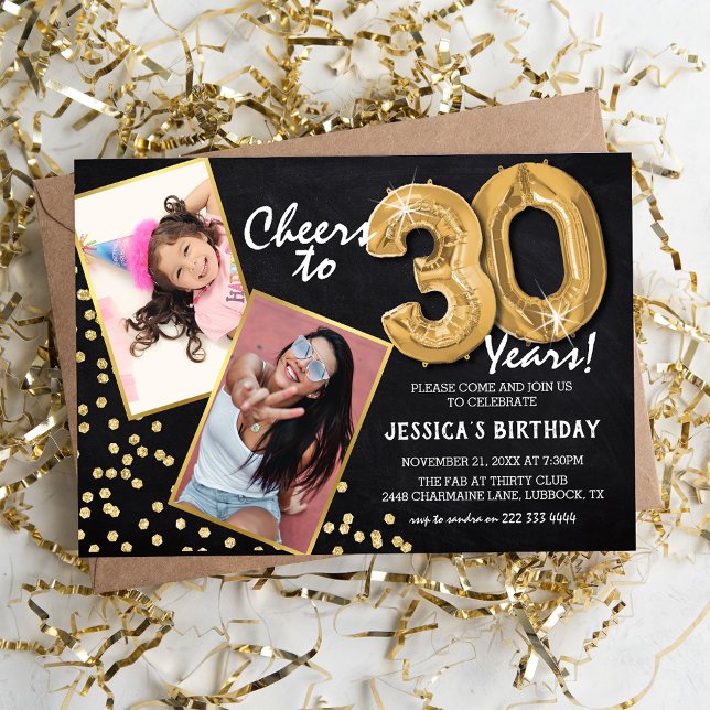 Chalkboard Gold Balloons 2 Photo 30th Birthday Invitation (Creator Uploaded)