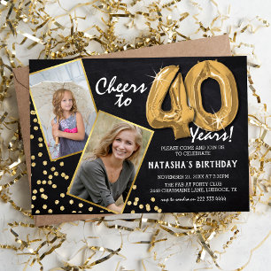 Chalkboard Gold Balloons 2 Photo 40th Birthday Invitation