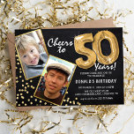 Chalkboard Gold Balloons 2 Photo 50th Birthday Invitation<br><div class="desc">Celebrate the milestone of stepping into the magnificent 50s with these unique 'Chalkboard Gold Balloons 50th Birthday Invitations'. Enriched with a rustic chalkboard background and shimmering faux gold glitter flecks, these invites exude vintage charm and modern elegance. Upload a then-and-now photo of the birthday star and customise the easy-to-use template...</div>