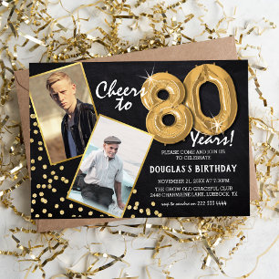 Chalkboard Gold Balloons 2 Photo 80th Birthday Invitation