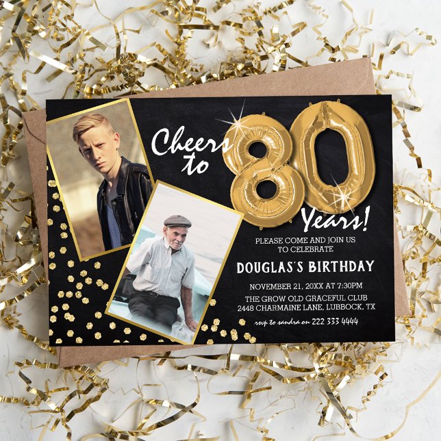 Chalkboard Gold Balloons 2 Photo 80th Birthday Invitation (Creator Uploaded)