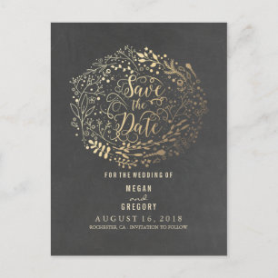 chalkboard gold floral bouquet save the date announcement postcard