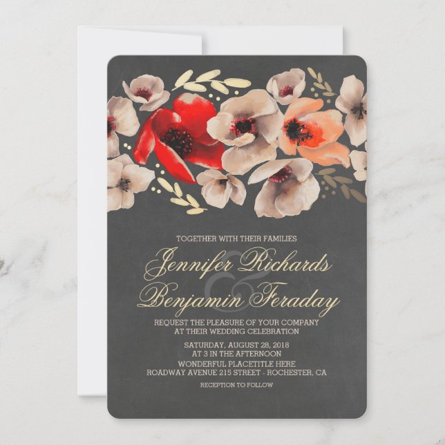 Chalkboard Gold Floral Rustic Wedding Invitation (Front)