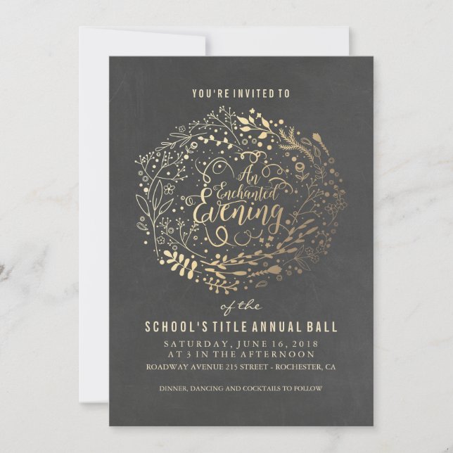 Chalkboard Gold Foil Floral Bouquet Ball Invitation (Front)