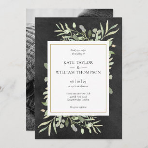 Chalkboard Gold Geometric Greenery Photo Wedding Invitation