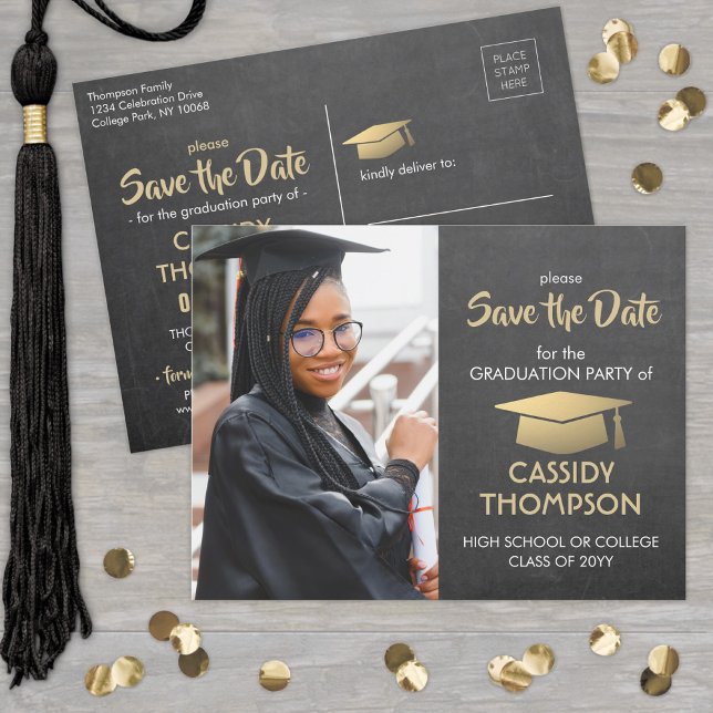 Chalkboard Gold Graduation Photo Save the Date Postcard (Creator Uploaded)