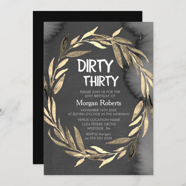 Chalkboard Gold Leaf Wreath 30th Birthday Party Invitation (Front/Back)