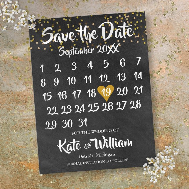 Chalkboard Gold Love Heart Calendar Save the Date Announcement Postcard (Chalkboard Gold Love Heart Calendar Save the Date Announcement Postcard)