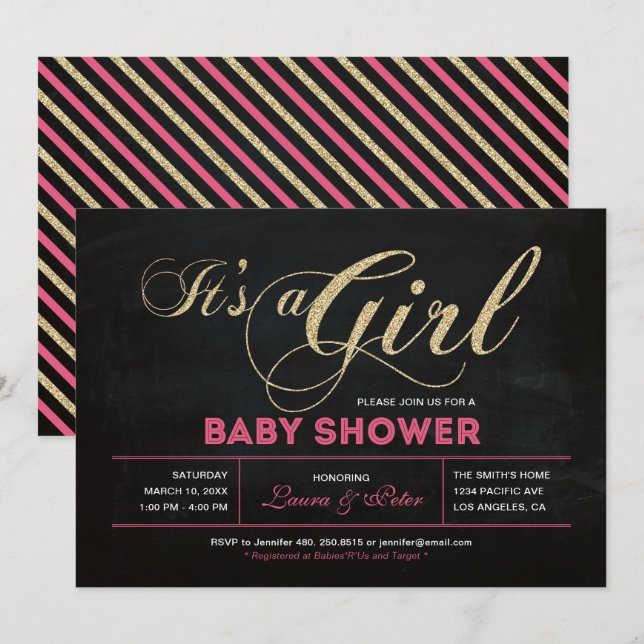 Chalkboard, Gold | Typography Girl Baby Shower Invitation (Front/Back)