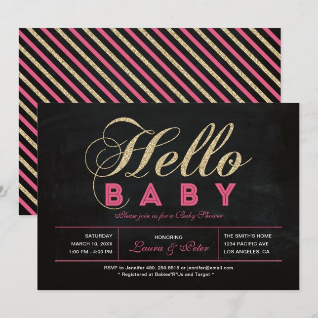 Chalkboard, Gold | Typography Girl Baby Shower Invitation (Front/Back)