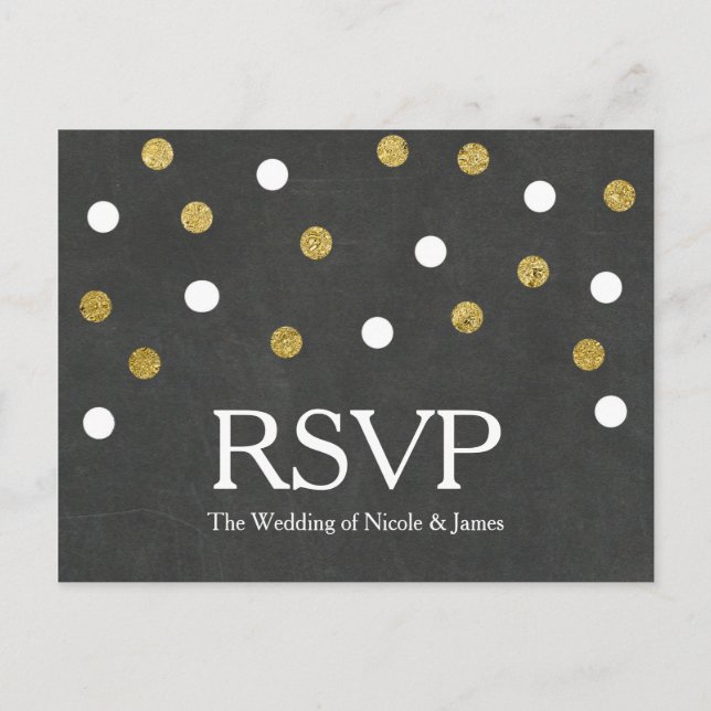 Chalkboard Gold & White Confetti Party RSVP Invitation Postcard (Front)
