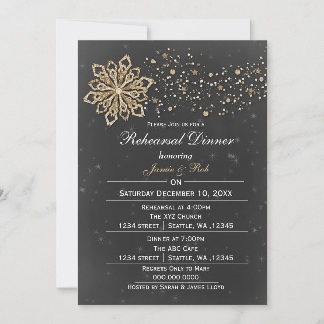 chalkboard gold Winter Rehearsal Dinner invite (Front)