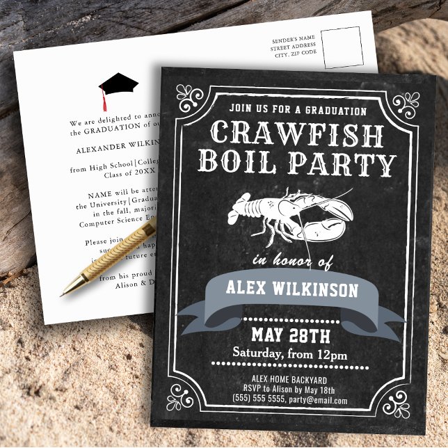 Chalkboard GRAD Crawfish Boil Party Invitation Postcard (Creator Uploaded)