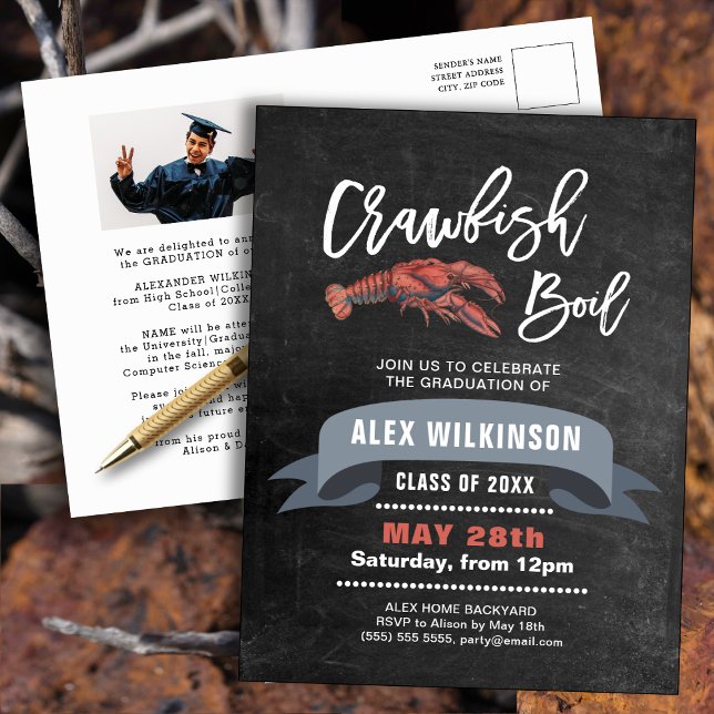 Chalkboard GRAD Photo Crawfish Boil Invitation Postcard (Creator Uploaded)