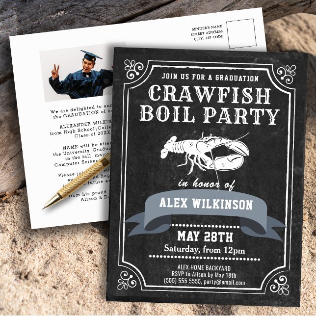 Chalkboard GRAD Photo Crawfish Boil Invitation Postcard (Creator Uploaded)