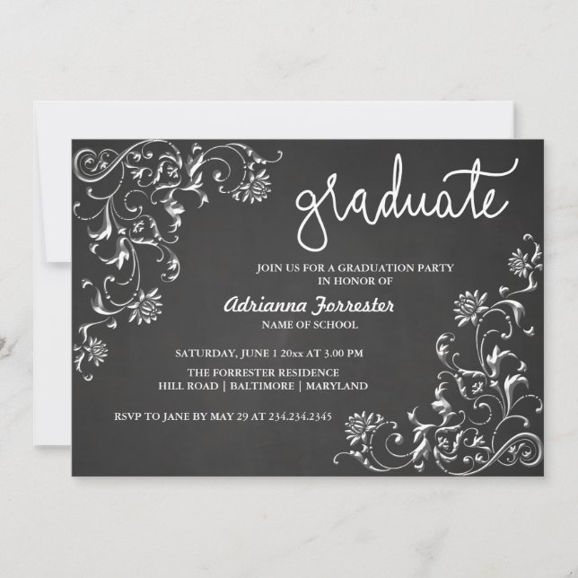 Chalkboard Graduate Typography Damask Pattern Invitation (Front)