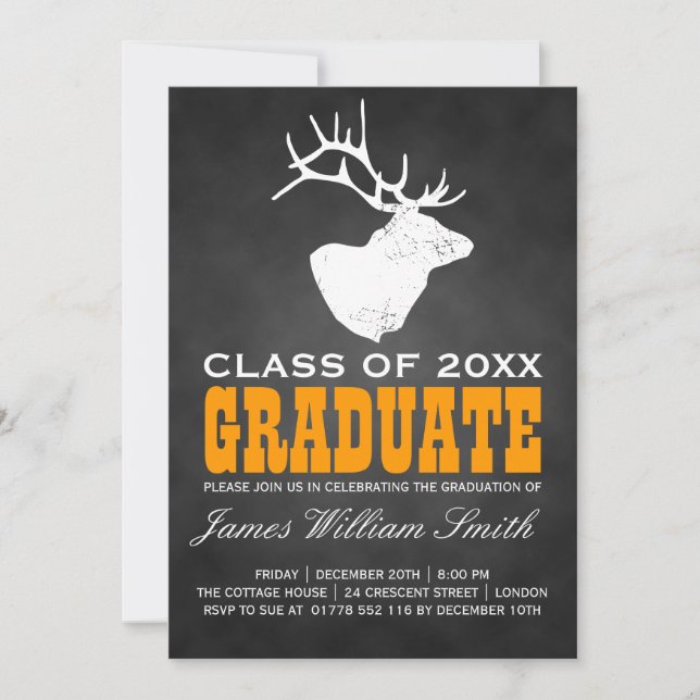 Chalkboard Graduation Party Deer Black Orange Invitation (Front)