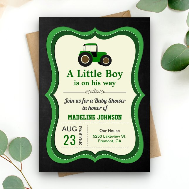 Chalkboard Green Farm Tractor Baby Shower Invitation (Creator Uploaded)