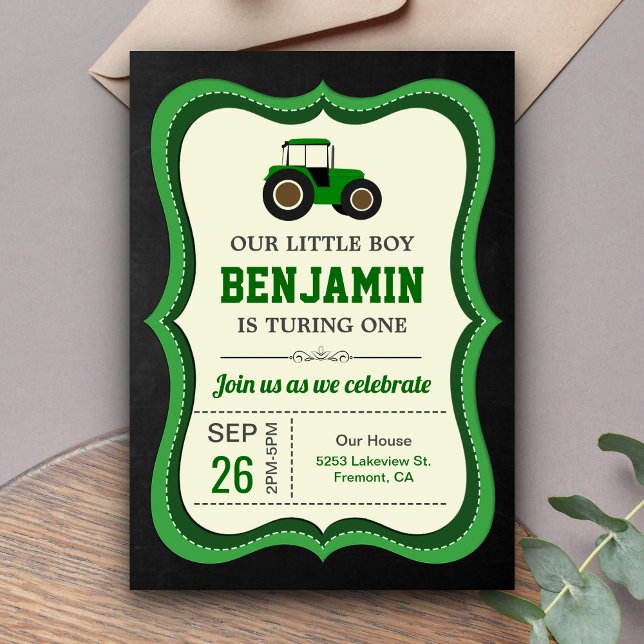 Chalkboard Green Farm Tractor Kids Birthday Party Invitation (Creator Uploaded)
