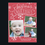 Chalkboard Greetings Collection Invitation<br><div class="desc">This 3-photo holiday card features hand lettered and calligraphy artwork on a festive red background with snowflakes.</div>
