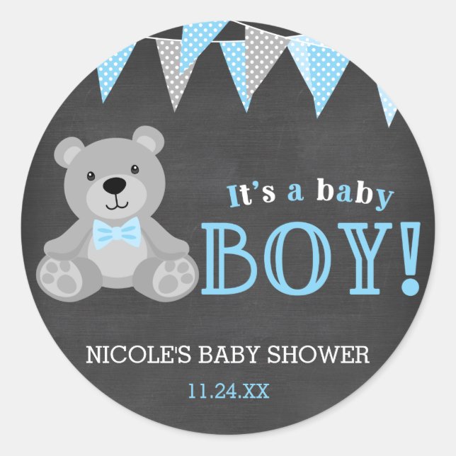 Chalkboard Grey Teddy Bear Boy Baby Shower Classic Round Sticker (Front)