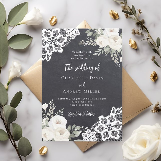 Chalkboard grey white roses lace wedding invitation (Creator Uploaded)