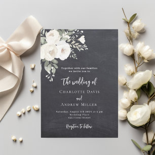 Chalkboard grey white roses wedding invitation