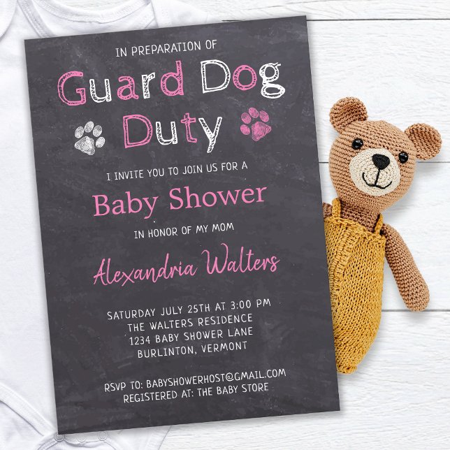 Chalkboard Guard Dog Duty Pink Girl Baby Shower Invitation (Creator Uploaded)