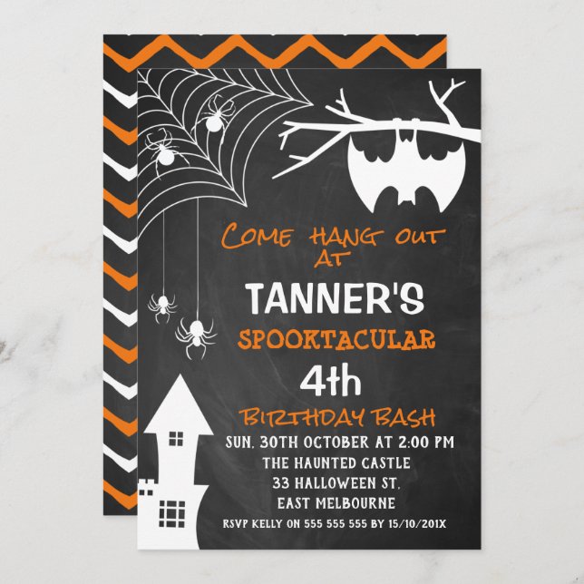 Chalkboard Halloween Bat Birthday Invitation (Front/Back)